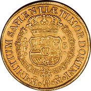Mexico 8 Escudos Ferdinand VI 1747 MF KM# 149 INITIUM SAPIENTIÆ TIMOR DOMINI MF 8 MO MO coin reverse Mexico 8 Escudos Ferdinand VI 1747 MF KM# 149 INITIUM SAPIENTIÆ TIMOR DOMINI MF 8 MO MO coin reverse