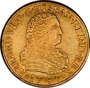 Mexico 8 Escudos Ferdinand VI 1747 MF KM# 149 FERDND VI D G HISPAN ET IND REX 1747 coin obverse Mexico 8 Escudos Ferdinand VI 1747 MF KM# 149 FERDND VI D G HISPAN ET IND REX 1747 coin obverse