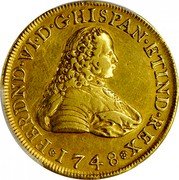 Mexico 8 Escudos Ferdinand VI 1748 MF KM# 150 FERDND VI D G HISPAN ET IND REX 1748 coin obverse Mexico 8 Escudos Ferdinand VI 1748 MF KM# 150 FERDND VI D G HISPAN ET IND REX 1748 coin obverse
