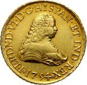 Mexico 8 Escudos Ferdinand VI 1754 MF KM# 151 FERDND VI D G HISPAN ET IND REX 1754 coin obverse Mexico 8 Escudos Ferdinand VI 1754 MF KM# 151 FERDND VI D G HISPAN ET IND REX 1754 coin obverse