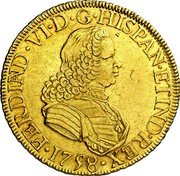 Mexico 8 Escudos Ferdinand VI 1758 MM KM# 152 FERDINAD VI D G HISPAN ETIND REX 1758 coin obverse Mexico 8 Escudos Ferdinand VI 1758 MM KM# 152 FERDINAD VI D G HISPAN ETIND REX 1758 coin obverse
