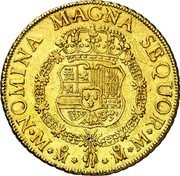Mexico 8 Escudos Ferdinand VI 1758 MM KM# 152 NOMINA MAGNA SEQUOR M MO MO M coin reverse Mexico 8 Escudos Ferdinand VI 1758 MM KM# 152 NOMINA MAGNA SEQUOR M MO MO M coin reverse
