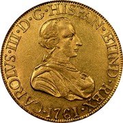 Mexico 8 Escudos Carolus III 1761 MM KM# 154 CAROLVS III D G HISPAN ETIND REX 1761 coin obverse Mexico 8 Escudos Carolus III 1761 MM KM# 154 CAROLVS III D G HISPAN ETIND REX 1761 coin obverse