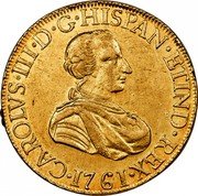 Mexico 8 Escudos Carolus III 1761 MM KM# 153 CAROLVS III D G HISPAN ETIND REX 1761 coin obverse Mexico 8 Escudos Carolus III 1761 MM KM# 153 CAROLVS III D G HISPAN ETIND REX 1761 coin obverse
