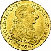 Mexico 8 Escudos Carolus III 1765 MM KM# 155 CAROLUS III D G HISP ET IND REX 1765 coin obverse Mexico 8 Escudos Carolus III 1765 MM KM# 155 CAROLUS III D G HISP ET IND REX 1765 coin obverse