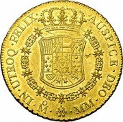 Mexico 8 Escudos Carolus III 1765 MM KM# 155 IN UTROQ FELIX AUSPICE DEO MO MM coin reverse Mexico 8 Escudos Carolus III 1765 MM KM# 155 IN UTROQ FELIX AUSPICE DEO MO MM coin reverse