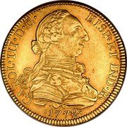 Mexico 8 Escudos Carolus III 1772 FM KM# 156.1 CAROL III D G HISP ET IND R 1772 coin obverse Mexico 8 Escudos Carolus III 1772 FM KM# 156.1 CAROL III D G HISP ET IND R 1772 coin obverse