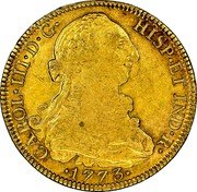 Mexico 8 Escudos Carolus III 1773 FM KM# 156.2 CAROL III D G HISP ET IND R 1773 coin obverse Mexico 8 Escudos Carolus III 1773 FM KM# 156.2 CAROL III D G HISP ET IND R 1773 coin obverse