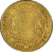 Mexico 8 Escudos Carolus III 1773 FM KM# 156.2 8 S IN UTROQ FELIX AUSPICE DEO MO FM coin reverse Mexico 8 Escudos Carolus III 1773 FM KM# 156.2 8 S IN UTROQ FELIX AUSPICE DEO MO FM coin reverse