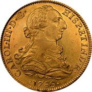 Mexico 8 Escudos Carolus III 1786 FM KM# 156.2a CAROL III D G HISP ET IND R 1786 coin obverse Mexico 8 Escudos Carolus III 1786 FM KM# 156.2a CAROL III D G HISP ET IND R 1786 coin obverse