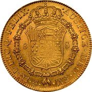 Mexico 8 Escudos Carolus III 1786 FM KM# 156.2a IN UTROQ FELIX AUSPICE DEO 8 S FM MO coin reverse Mexico 8 Escudos Carolus III 1786 FM KM# 156.2a IN UTROQ FELIX AUSPICE DEO 8 S FM MO coin reverse