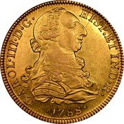 Mexico 8 Escudos Carolus III 1788 FM KM# 156.1a CAROL III D G HISP ET IND R 1788 coin obverse Mexico 8 Escudos Carolus III 1788 FM KM# 156.1a CAROL III D G HISP ET IND R 1788 coin obverse
