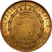 Mexico 8 Escudos Carolus III 1788 FM KM# 156.1a 8 S IN UTROQ FELIX AUSPICE DEO MO FM coin reverse Mexico 8 Escudos Carolus III 1788 FM KM# 156.1a 8 S IN UTROQ FELIX AUSPICE DEO MO FM coin reverse