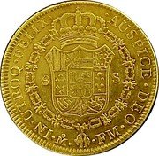 Mexico 8 Escudos Charles IV 1789 FM KM# 157 IN UTROQ FELIX AUSPICE DEO 8 S MO FM coin reverse Mexico 8 Escudos Charles IV 1789 FM KM# 157 IN UTROQ FELIX AUSPICE DEO 8 S MO FM coin reverse