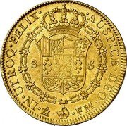 Mexico 8 Escudos Charles IV 1790 FM KM# 158 IN UTROQ FELIX AUSPICE DEO 8 S MO FM coin reverse Mexico 8 Escudos Charles IV 1790 FM KM# 158 IN UTROQ FELIX AUSPICE DEO 8 S MO FM coin reverse