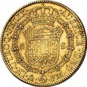 Mexico 8 Escudos Charles IV 1799 FM KM# 159 IN UTROQ FELIX AUSPICE DEO MO FM 8 S coin reverse Mexico 8 Escudos Charles IV 1799 FM KM# 159 IN UTROQ FELIX AUSPICE DEO MO FM 8 S coin reverse