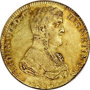 Mexico 8 Escudos Ferdinand VII. Guadalajara 1813 GA MR KM# 162 FERDIN VII D G HISP ETIND R 1813 coin obverse Mexico 8 Escudos Ferdinand VII. Guadalajara 1813 GA MR KM# 162 FERDIN VII D G HISP ETIND R 1813 coin obverse