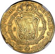 Mexico 8 Escudos Ferdinand VII. Guadalajara 1813 GA MR Spink America Gerber sale 6-96 VF or better realized $46,200 KM# 163 IN UTROQ FELIX AUSPICE DEO 8S G M R coin reverse Mexico 8 Escudos Ferdinand VII. Guadalajara 1813 GA MR Spink America Gerber sale 6-96 VF or better realized $46,200 KM# 163 IN UTROQ FELIX AUSPICE DEO 8S G M R coin reverse