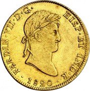 Mexico 8 Escudos Ferdinand VII 1820 JJ KM# 161 FERDIN VII D G HISP ET IND R 1820 coin obverse Mexico 8 Escudos Ferdinand VII 1820 JJ KM# 161 FERDIN VII D G HISP ET IND R 1820 coin obverse