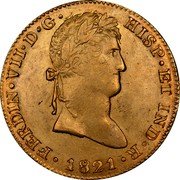 Mexico 8 Escudos Ferdinand VII. Guadalajara 1821 GA FS KM# 161.1 FERDIN VII D G HISP ET IND R 1821 coin obverse Mexico 8 Escudos Ferdinand VII. Guadalajara 1821 GA FS KM# 161.1 FERDIN VII D G HISP ET IND R 1821 coin obverse
