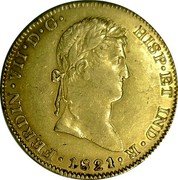 Mexico 8 Escudos Ferdinand VII. Guadalajara 1821 GA FS KM# 164 FERDIN VII D G HISP ET IND R 1821 coin obverse Mexico 8 Escudos Ferdinand VII. Guadalajara 1821 GA FS KM# 164 FERDIN VII D G HISP ET IND R 1821 coin obverse