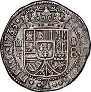 Mexico 8 Reales Philip V 1733 MF KM# 48 PHILIPPVS V DEI G 1733 M F MO 8 coin obverse Mexico 8 Reales Philip V 1733 MF KM# 48 PHILIPPVS V DEI G 1733 M F MO 8 coin obverse