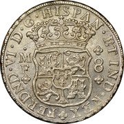 Mexico 8 Reales Ferdinand VI 1747 MF KM# 104.1 FERDND VI D G HISPAN ET IND REX MF 8 coin obverse Mexico 8 Reales Ferdinand VI 1747 MF KM# 104.1 FERDND VI D G HISPAN ET IND REX MF 8 coin obverse