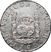 Mexico 8 Reales Carolus III 1760 MM KM# 105 VTRAQUE VNUM PLUS VLTR MO 1762 MO coin reverse Mexico 8 Reales Carolus III 1760 MM KM# 105 VTRAQUE VNUM PLUS VLTR MO 1762 MO coin reverse