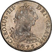 Mexico 8 Reales Carolus III 1773 FM KM# 106.2 CAROLUS III DEI GRATIA 1773 coin obverse Mexico 8 Reales Carolus III 1773 FM KM# 106.2 CAROLUS III DEI GRATIA 1773 coin obverse