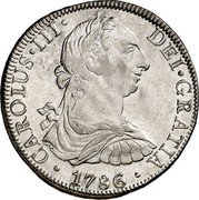 Mexico 8 Reales Carolus III 1786 FM KM# 106.2a CAROLUS III DEI GRATIA 1786 coin obverse Mexico 8 Reales Carolus III 1786 FM KM# 106.2a CAROLUS III DEI GRATIA 1786 coin obverse