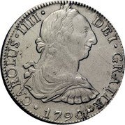 Mexico 8 Reales Charles IV 1790 FM KM# 108 CAROLUS IIII DEI GRATIA 1790 coin obverse