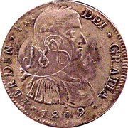 Mexico 8 Reales Countermarked Coinage. MC ND TH Host date 1809 KM# 200 FERDIN VII DEI GRATIA 1810 coin obverse Mexico 8 Reales Countermarked Coinage. MC ND TH Host date 1809 KM# 200 FERDIN VII DEI GRATIA 1810 coin obverse