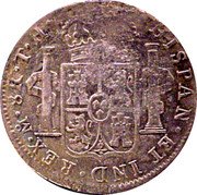 Mexico 8 Reales Countermarked Coinage. MC ND TH Host date 1809 KM# 200 HISPAN ET IND REX MO 8 R H J coin reverse Mexico 8 Reales Countermarked Coinage. MC ND TH Host date 1809 KM# 200 HISPAN ET IND REX MO 8 R H J coin reverse