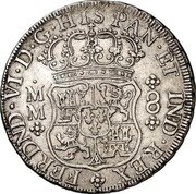 Mexico 8 Reales Ferdinand VI 1758 MM KM# 104.2 FERDND VI D G HISPAN ET IND REX M M 8 coin obverse Mexico 8 Reales Ferdinand VI 1758 MM KM# 104.2 FERDND VI D G HISPAN ET IND REX M M 8 coin obverse
