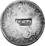 Mexico 8 Reales Countermarked Coinage. LCM ND AG KM# 194.10 LCM HISPAN ET IND REX Z 8 R H G coin obverse Mexico 8 Reales Countermarked Coinage. LCM ND AG KM# 194.10 LCM HISPAN ET IND REX Z 8 R H G coin obverse