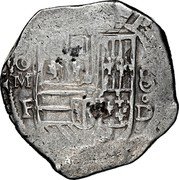 Mexico 8 Reales Philip III ND Mo F ND(1598-1606) KM# R44.1 PHILIPPVS III DEI GRATIA MO F 8 DO coin obverse Mexico 8 Reales Philip III ND Mo F ND(1598-1606) KM# R44.1 PHILIPPVS III DEI GRATIA MO F 8 DO coin obverse