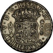 Mexico 8 Reales Philip V 1733 MF KM# 103 PHILIP V D G HISPAN ET IND REX F8 coin obverse Mexico 8 Reales Philip V 1733 MF KM# 103 PHILIP V D G HISPAN ET IND REX F8 coin obverse
