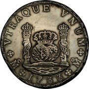 Mexico 8 Reales Philip V 1733 MF KM# 103 VTRAQUE VNUM PLUS VLTR MO 1739 MO coin reverse Mexico 8 Reales Philip V 1733 MF KM# 103 VTRAQUE VNUM PLUS VLTR MO 1739 MO coin reverse