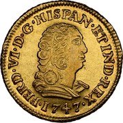 Mexico Escudo Ferdinand VI 1747 MF KM# 114 FERD VI D G HISPAN ET IND REX 1747 coin obverse Mexico Escudo Ferdinand VI 1747 MF KM# 114 FERD VI D G HISPAN ET IND REX 1747 coin obverse