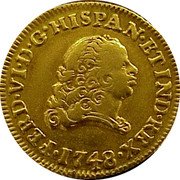 Mexico Escudo Ferdinand VI 1748 MF KM# 115.1 FERD VI D G HISPAN ET IND REX 1748 coin obverse Mexico Escudo Ferdinand VI 1748 MF KM# 115.1 FERD VI D G HISPAN ET IND REX 1748 coin obverse