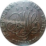 UK Halfpenny Anglesey. Paris Miners Co. Druid Series 1791  THE PARIS MINERS HALFPENNY 1791 P M CO coin reverse UK Halfpenny Anglesey. Paris Miners Co. Druid Series 1791  THE PARIS MINERS HALFPENNY 1791 P M CO coin reverse