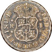 Mexico Real Ferdinand VI 1758 M KM# 76.2 FRD VI D G HISP ETIND R R I coin obverse Mexico Real Ferdinand VI 1758 M KM# 76.2 FRD VI D G HISP ETIND R R I coin obverse