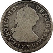 Mexico Real Carolus III 1772 FM KM# 78.1 CAROLUS III DEI GRATIA 1773 coin obverse Mexico Real Carolus III 1772 FM KM# 78.1 CAROLUS III DEI GRATIA 1773 coin obverse