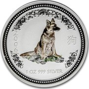 Australia 1 Dollar Year of the Dog - German Shepard (Colorized) 2006 2006 1 OZ 999 SILVER coin reverse Australia 1 Dollar Year of the Dog - German Shepard (Colorized) 2006 2006 1 OZ 999 SILVER coin reverse