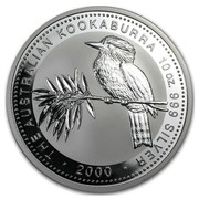 Australia 10 Dollars Kookaburra sitting on a tree branch with leaves 2000 THE AUSTRALIAN KOOKABURRA 10 OZ. 999 SILVER 2000 coin reverse Australia 10 Dollars Kookaburra sitting on a tree branch with leaves 2000 THE AUSTRALIAN KOOKABURRA 10 OZ. 999 SILVER 2000 coin reverse