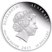 Australia 10 Dollars Rooster 2017 ELIZABETH II AUSTRALIA IRB 10 OZ 9999 AG 2017 10 DOLLARS coin obverse Australia 10 Dollars Rooster 2017 ELIZABETH II AUSTRALIA IRB 10 OZ 9999 AG 2017 10 DOLLARS coin obverse