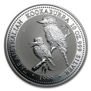 Australia 10 Dollars Two Kookaburras 1999 THE AUSTRALIA KOOKABURRA 10 OZ. 999 SILVER 1999 P100 coin reverse Australia 10 Dollars Two Kookaburras 1999 THE AUSTRALIA KOOKABURRA 10 OZ. 999 SILVER 1999 P100 coin reverse
