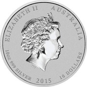 Australia 10 Dollars Year of the Goat 2015 ELIZABETH II AUSTRALIA 10 OZ 999 SILVER 2015 10 DOLLARS IRB coin obverse Australia 10 Dollars Year of the Goat 2015 ELIZABETH II AUSTRALIA 10 OZ 999 SILVER 2015 10 DOLLARS IRB coin obverse