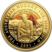 Australia 100 Dollars Australian Prospector 150th Anniversary 2001  THE AUSTRALIAN NUGGET 1 OZ. 9999 GOLD 2001 AUSTRALIAN PROSPECTOR - 150TH ANNIVERSARY FIRST GOLD RUSH coin reverse Australia 100 Dollars Australian Prospector 150th Anniversary 2001  THE AUSTRALIAN NUGGET 1 OZ. 9999 GOLD 2001 AUSTRALIAN PROSPECTOR - 150TH ANNIVERSARY FIRST GOLD RUSH coin reverse