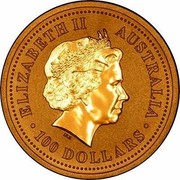 Australia 100 Dollars Lunar Rooster 2005  ELIZABETH II AUSTRALIA 100 DOLLARS IRB coin obverse Australia 100 Dollars Lunar Rooster 2005  ELIZABETH II AUSTRALIA 100 DOLLARS IRB coin obverse